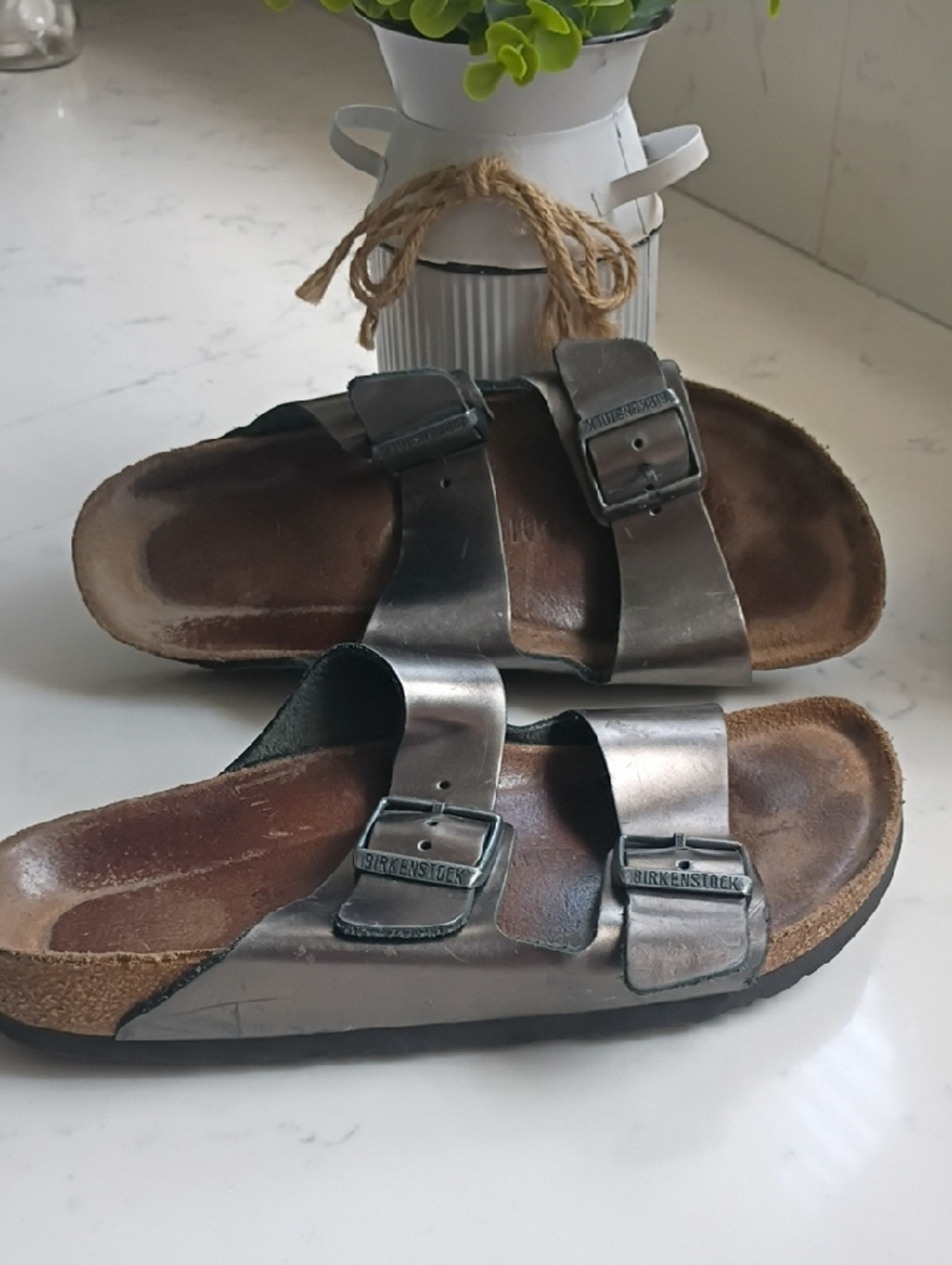 Birkenstock Arizona Metallic Pewter Two-Strap Sandals